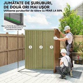 Outsunny Căsuță de Grădină 1.37m² din Metal, Montaj Ușor, Căsuță pentru Unelte de Grădină cu Orificii de Aerisire, Ușă Glisantă, Acoperiș Înclinat și Mănuși, 159x106x181 cm, Maro | Aosom Romania