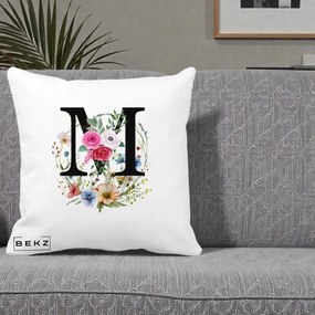Cadou Personalizat - Perna Personalizata Monogram Litera M cu Flori Acuarela, 40x40 cm, Alba Mata, Husa Detasabila, Perna Inclusa, BEKZ®