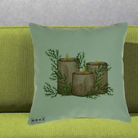 Perna Decorativa Lumanari Rustice cu Crengute Brad, 40x40 cm, Verde, Husa Detasabila, Perna Inclusa, BEKZ®