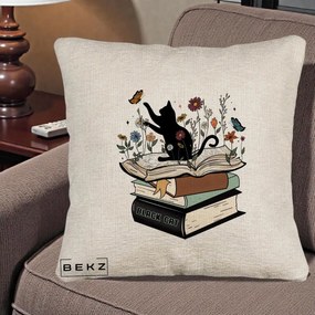 Perna Personalizata Pisica Neagra Carti Flori Fluturi, 40x40 cm, Bej Canapea, Husa Detasabila, Perna Inclusa, BEKZ®