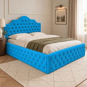 Pat tapițat Chesterfield din catifea Imperio Deluxe 140×200 cm, albastru deschis, cu ladă de depozitare