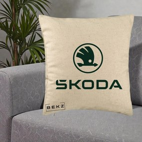 Perna Personalizata cu emblema Skoda, 40x40 cm, Bej, Husa Detasabila, Perna Inclusa, BEKZ®