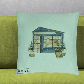 Perna Decorativa Casa de Iarna Watercolor, 40x40 cm, Verde Menta, Husa Detasabila, Perna Inclusa, BEKZ®