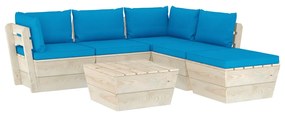 Set mobilier gradina din paleti cu perne, 6 piese, lemn molid Albastru deschis, 2x colt + 2x mijloc + suport pentru picioare + masa, 1