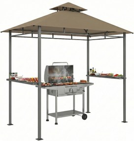 Outsunny Adăpost grătar exterior, cort de grădină 245x146x255cm din metal, acoperiș dublu, 2 rafturi laterale, Maro | Aosom Romania