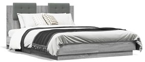 3210050 vidaXL Cadru de pat cu tăblie și lumini LED, gri sonoma, 135x190 cm