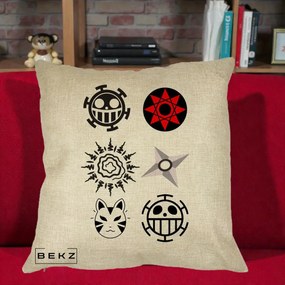 Perna Personalizata Simboluri Anime Mix - Naruto One Piece, 40x40 cm, Crem, Husa Detasabila, Perna Inclusa, BEKZ®