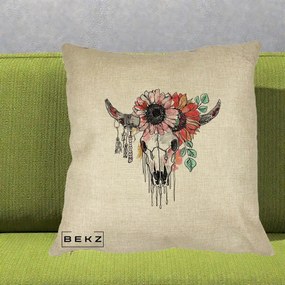 Perna Decorativa Craniu Boho Floral, 40x40 cm, Crem, Husa Detasabila, Perna Inclusa, BEKZ®