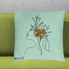 Perna Decorativa Portret Feminin Floare Portocalie Lateral, 40x40 cm, Verde Menta, Husa Detasabila, Perna Inclusa, BEKZ®