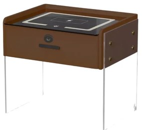 Noptieră inteligentă cu &icirc;ncărcare wireless, iluminare LED, 1 sertar de depozitare, difuzor Bluetooth și &icirc;nchidere prin amprentă &ndash; maro, design modern din sticlă și lemn