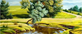 Tablou - Râu între câmpii, pictură în ulei (120x50 cm)