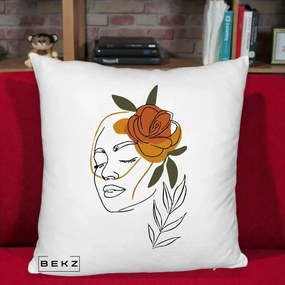 Perna Decorativa Portret Feminin Trandafir Ruginiu, 40x40 cm, Alb Pufos, Husa Detasabila, Perna Inclusa, BEKZ®