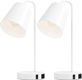 HOMCOM Set de 2 Veioze Moderne din Oțel cu Porturi USB, Soclu E27, Bec Neinclus, Alb | Aosom Romania