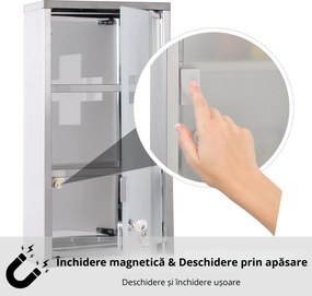 HOMCOM Dulap pentru Medicamente, Design Modern, Sticlă și Oțel, cu Ușă și 2 Chei, 48x25cm | Aosom Romania