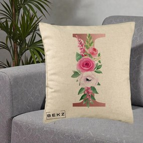 Cadou Personalizat - Perna Personalizata Monograma Rose Gold Litera I, 40x40 cm, Bej, Husa Detasabila, Perna Inclusa, BEKZ®