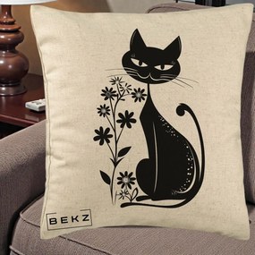 Perna Decorativa Pisica Neagra Grafica Minimalista, 40x40 cm, Bej, Husa Detasabila, Perna Inclusa, BEKZ®