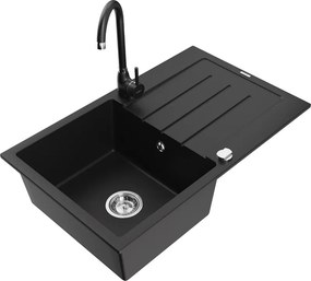 Mexen Bruno chiuvetă de granit cu 1 cuvă, cu scurgător și baterie de bucătărie Telma, neagră - 6513-77-670200-70