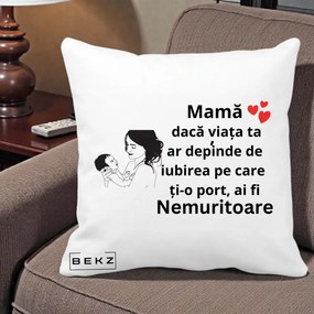 Cadou pentru Mama - Perna Personalizata Mama Nemuritoare Imbratisare Copil, 40x40 cm, Alba Mata, Husa Detasabila, Perna Inclusa, BEKZ®