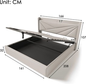 Pat dublu cu ladă de depozitare, funcție de încărcare USB Tip C, din bumbac și in, fără saltea, 160x200 cm, Bej