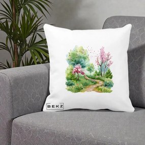Perna Decorativa Gradina Primavara Acuarela, 40x40 cm, Alba Mata, Husa Detasabila, Perna Inclusa, BEKZ®