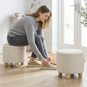 HOMCOM Taburet Rotund cu Spațiu de Depozitare, Capac, 19 L, Material Textil cu Aspect de Iută, 38,5x38,5x33,5 cm, Bej | Aosom Romania
