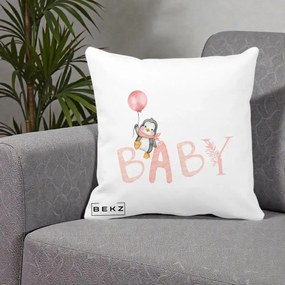 Perna Personalizata Baby Pinguin Roz, 40x40 cm, Alba Mata, Husa Detasabila, Perna Inclusa, BEKZ®