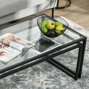 Set de 2 Masute Imbinate, Masa de Cafea din Sticla Stivuibila cu Cadru din Otel pentru Camera de Zi, Negru HOMCOM | Aosom Romania