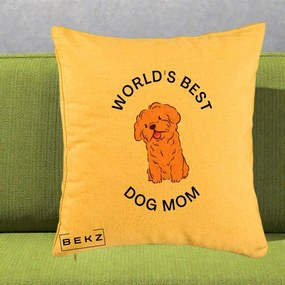 Cadou pentru Iubitorii de Caini - Perna Personalizata World's Best Dog Mom, 40x40 cm, Galben, Husa Detasabila, Perna Inclusa, BEKZ®
