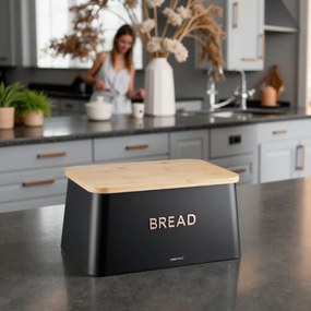 Cutie de paine cu capac pentru taiere Kinghoff KH-1948, 35 cm, Bambus, Otel, Negru