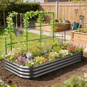 Outsunny Jardiniere Ridicate din Metal cu Grilaj, Pat de Grădină Înălțat cu Fund Deschis, Mănuși și Grilaj pentru Plante Cățărătoare, Legume și Flori, 220x110x150 cm, Gri Închis | Aosom Romania