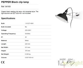 Lampa cu clips design Industrial Style PEPPER negru 64169