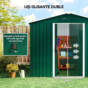 Outsunny Magazie de Grădină 3.6m² din Oțel, cu 2 Uși Glisante și 4 Ferestre de Ventilație, 236x174x190 cm, Verde | Aosom Romania