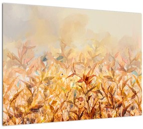 Tablou pe sticlă - Frunze în culori de toamnă, pictură în ulei (70x50 cm)