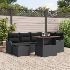 Set de 7 Piese Sofa Grădină cu Pernuțe Negru din Ratan Polimer Acacia