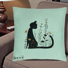 Perna Decorativa Pisica Neagra Flori Portocalii Silueta, 40x40 cm, Verde Menta, Husa Detasabila, Perna Inclusa, BEKZ®