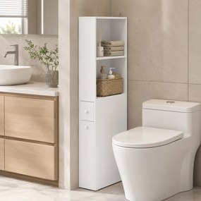 HOMCOM Dulap Baie Slim cu Organizator Glisant pe Roți, Sertar și Raft Reglabil, MDF, 18 x 40 x 135 Cm, Alb | Aosom Romania