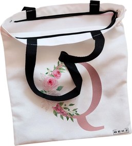Sacosa de Panza pentru Cumparaturi, Geanta Tote, Cu litera Q Rose Gold si Trandafiri, Cu fermoar, 38x34.5 cm, Alba, BEKZ®