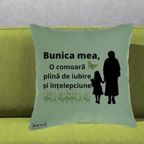 Cadou pentru Bunica - Perna Personalizata Bunica Mea Comoara Iubire Intelepciune Varianta Extinsa, 40x40 cm, Verde, Husa Detasabila, Perna Inclusa, BEKZ®