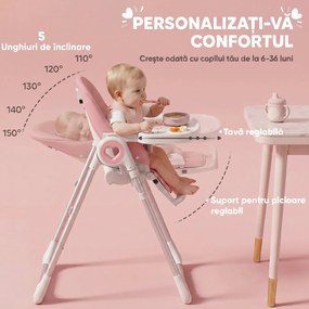 AIYAPLAY Scaun de Masă Pliabil pentru Copii 6-36 Luni cu Înălțime Reglabilă, Dublă Tăviță Lavabilă, Roți, Roz | Aosom Romania