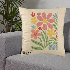 Perna Decorativa Flori Grafice Roz Pastel, 40x40 cm, Bej, Husa Detasabila, Perna Inclusa, BEKZ®