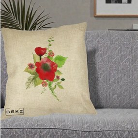 Perna Decorativa Buchet Rosu Acuarela, 40x40 cm, Crem, Husa Detasabila, Perna Inclusa, BEKZ®