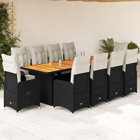 3277273 vidaXL Set bistro de grădină, 11 piese, cu perne, negru, poliratan