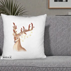 Perna Decorativa Ren cu Luminite de Craciun, 40x40 cm, Alb Pufos, Husa Detasabila, Perna Inclusa, BEKZ®