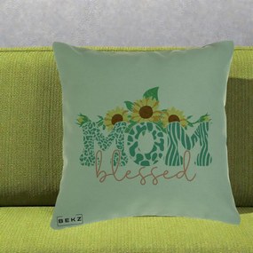 Cadou pentru Mama - Perna Personalizata Mom Blessed cu Floarea Soarelui Animal Print Teal, 40x40 cm, Verde, Husa Detasabila, Perna Inclusa, BEKZ®