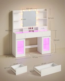 Masuta de machiaj 107 cm, cu Oglinda LED si 3 Sertare pentru Cosmetice, Set Masa toaleta Alba, masuta cosmetica, vanity cu dulapiore si rafturi -