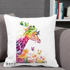 Perna Decorativa Girafa Curcubeu Acuarela, 40x40 cm, Alba Mata, Husa Detasabila, Perna Inclusa, BEKZ®