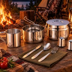 Set de tacamuri si vase pentru camping Kinghoff KH 2060, 9 piese, Otel inoxidabil, Argintiu