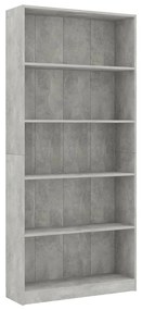 800922 vidaXL Bibliotecă cu 5 rafturi, gri beton, 80 x 24 x 175 cm, PAL