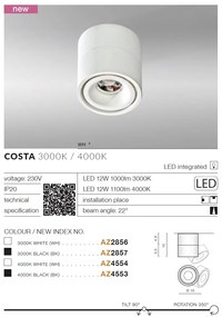 Spot LED aplicat directionabil de tavan/plafon COSTA 4000K negru