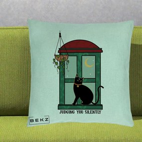 Perna Decorativa Judging You Silently Pisica Geam, 40x40 cm, Verde Menta, Husa Detasabila, Perna Inclusa, BEKZ®